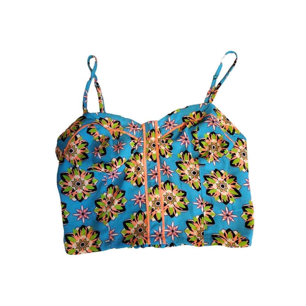 Flying Tomato Blue Crop Top Boho, Retro Floral Pattern Size S EUC